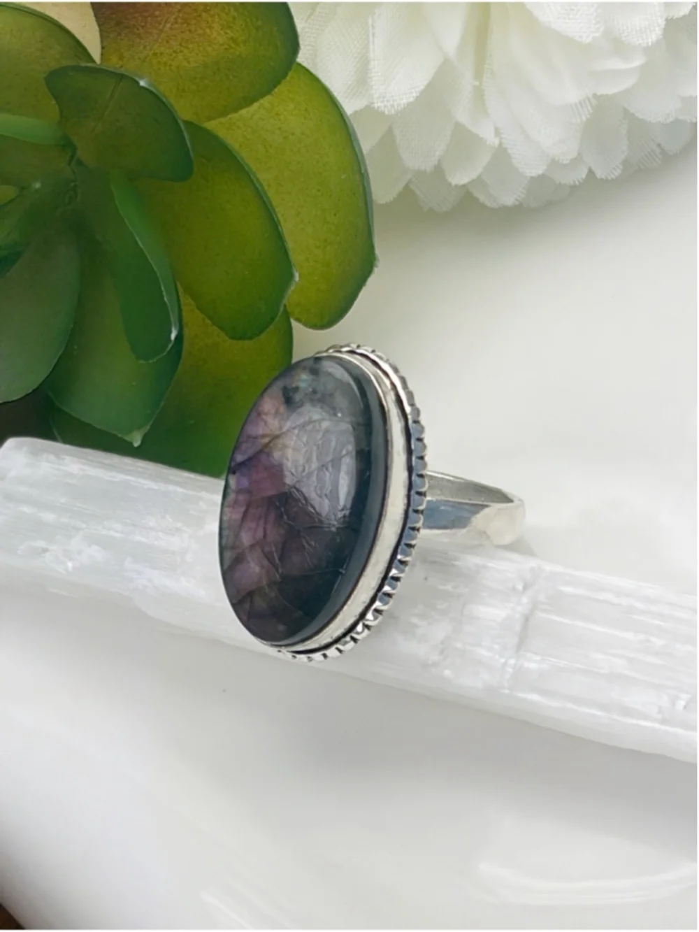Purple Labradorite Ring Size 7.25 7 1/4 to 7.5 7 1/2 Sterling Silver 925 Overlay